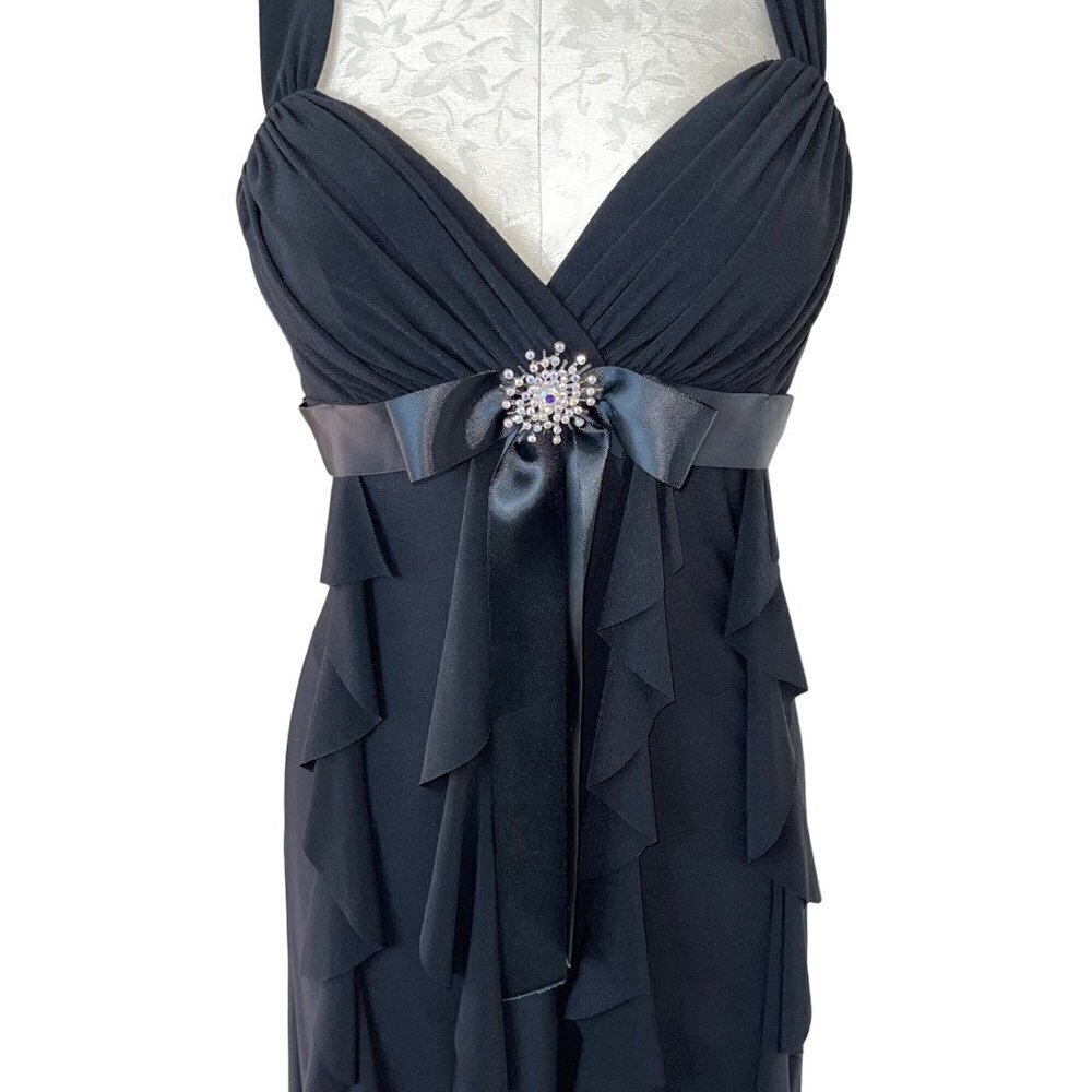 Cache Womens Ruffle Dress Black Size 6 Chiffon Long Ribbon Rhinestone Brooch Bow - Picture 6 of 12